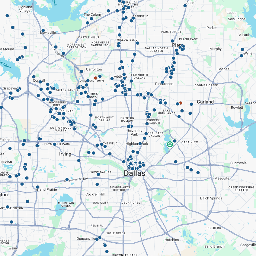 Map view of Dallas showing property search results with location pins